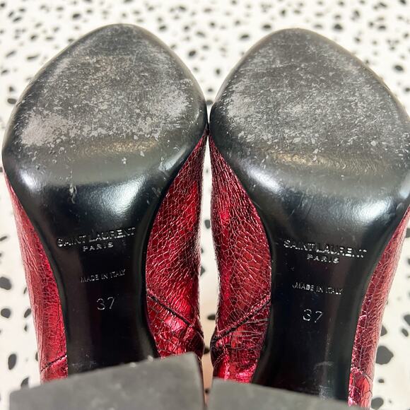 Saint Laurent | YSL Lou Crackled Metallic Red Leather Designer Heeled Boots 37 - Picture 9 of 10